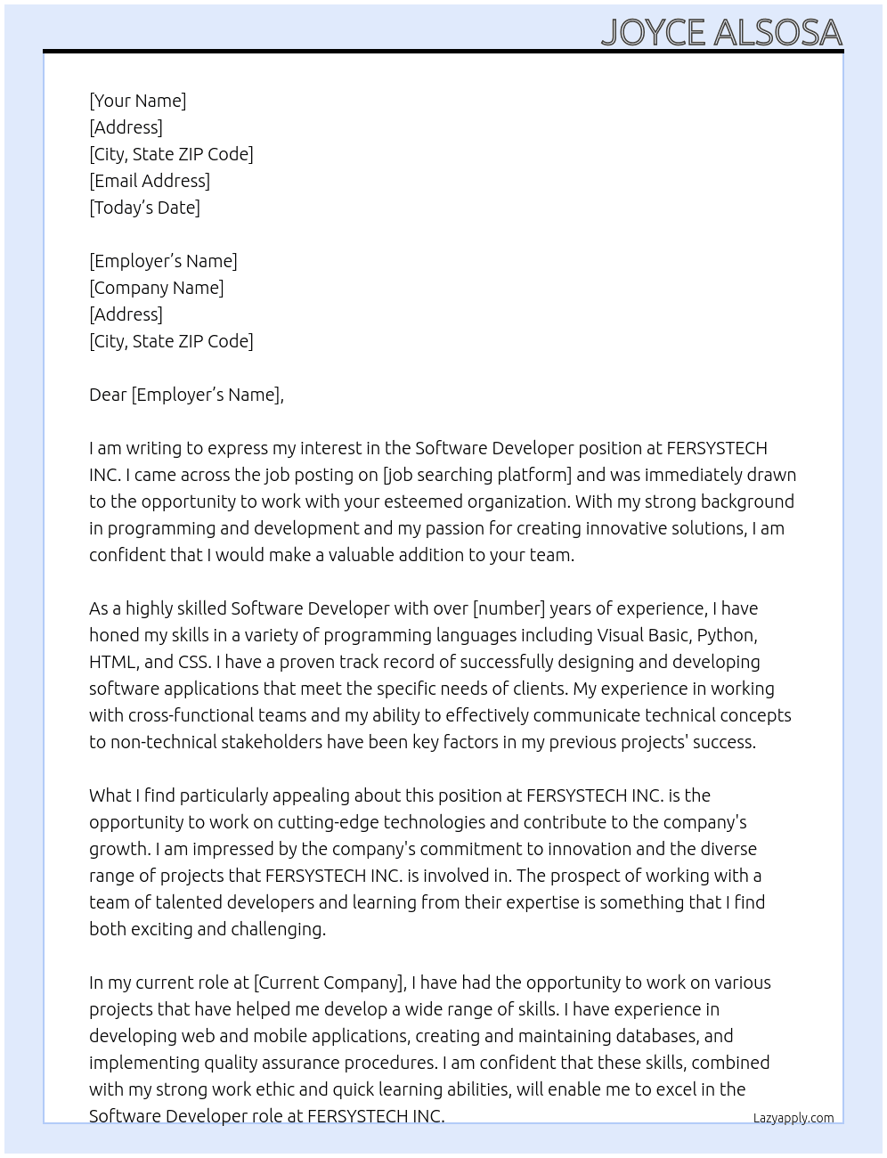 Software Developer At FERSYSTECH INC. Cover Letter