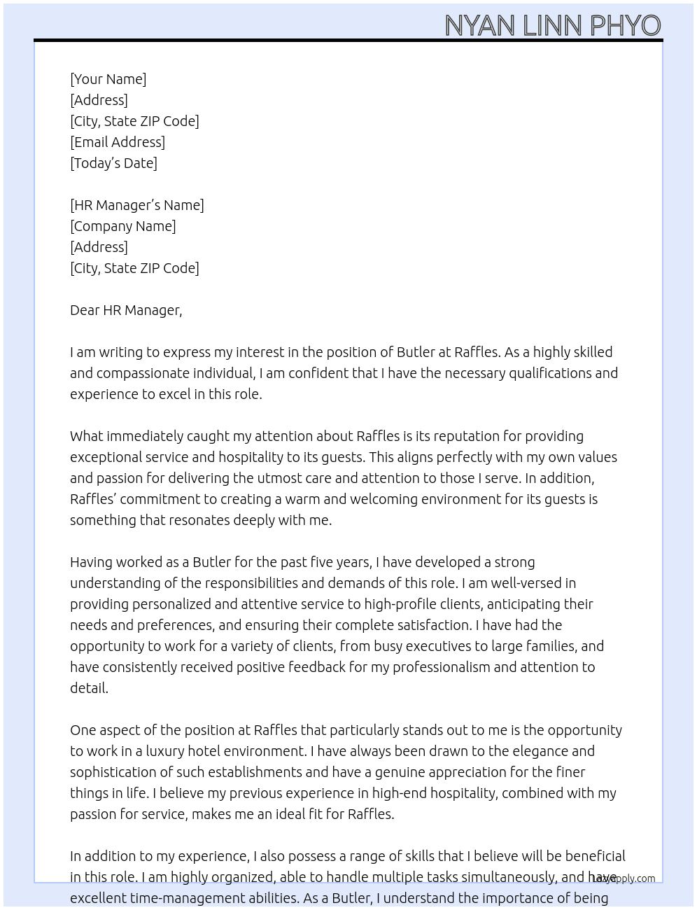 Butler At Raffles Cover Letter