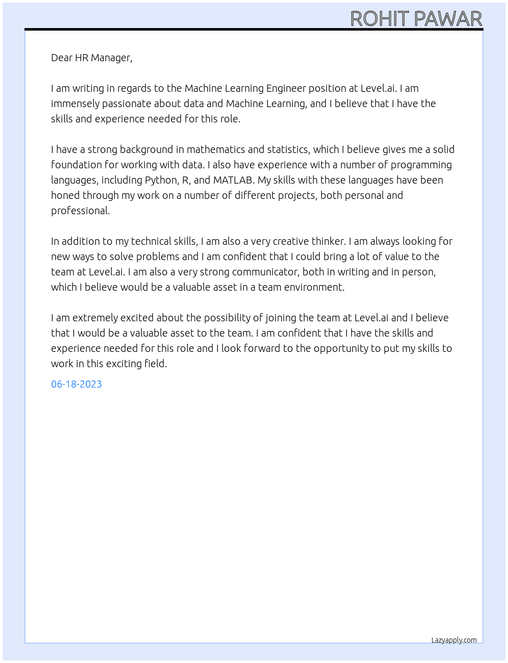 Machine Learning Engineer At Level.ai Cover Letter