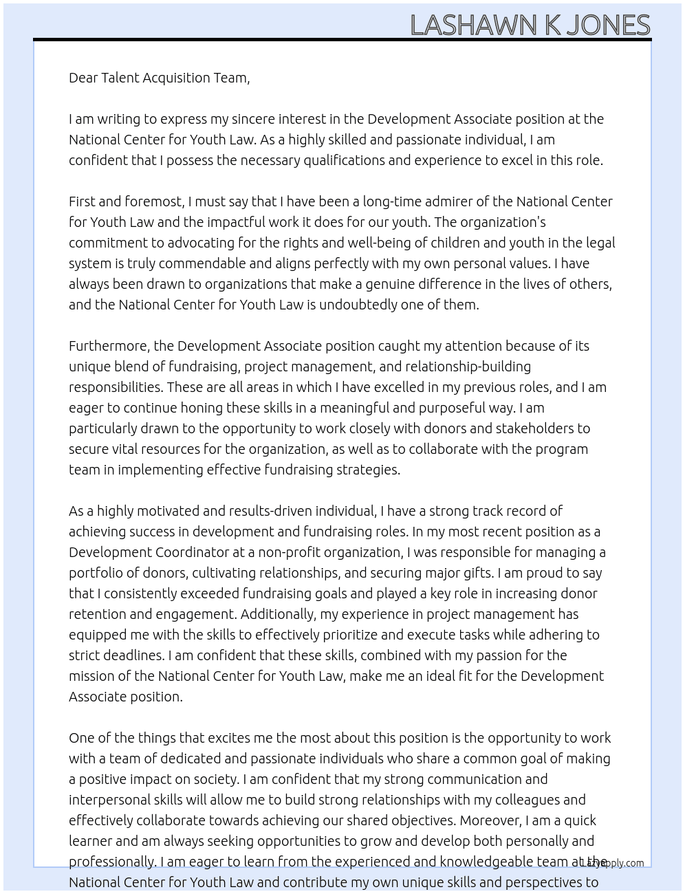 Development Associate At National Center for Youth Law Cover Letter
