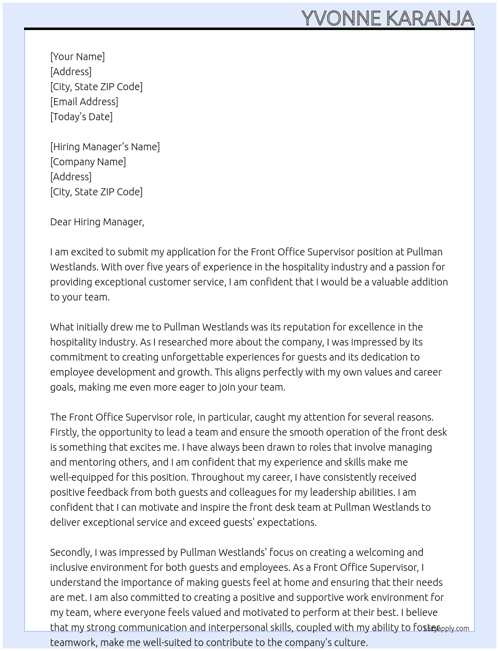 Front Office Supervisor At Pullman Westlands Cover Letter