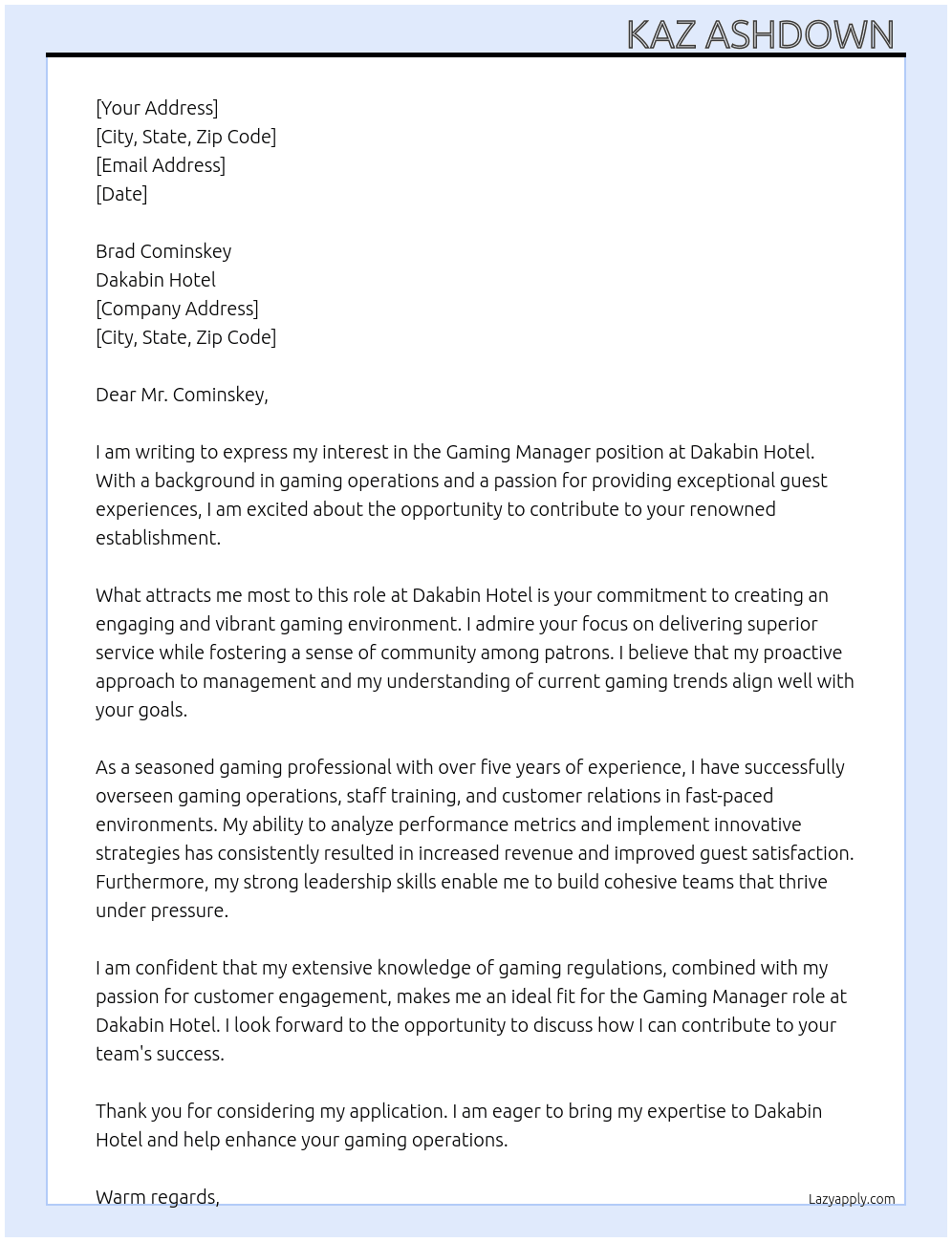 Gaming manager  At Dakabin Hotel Cover Letter