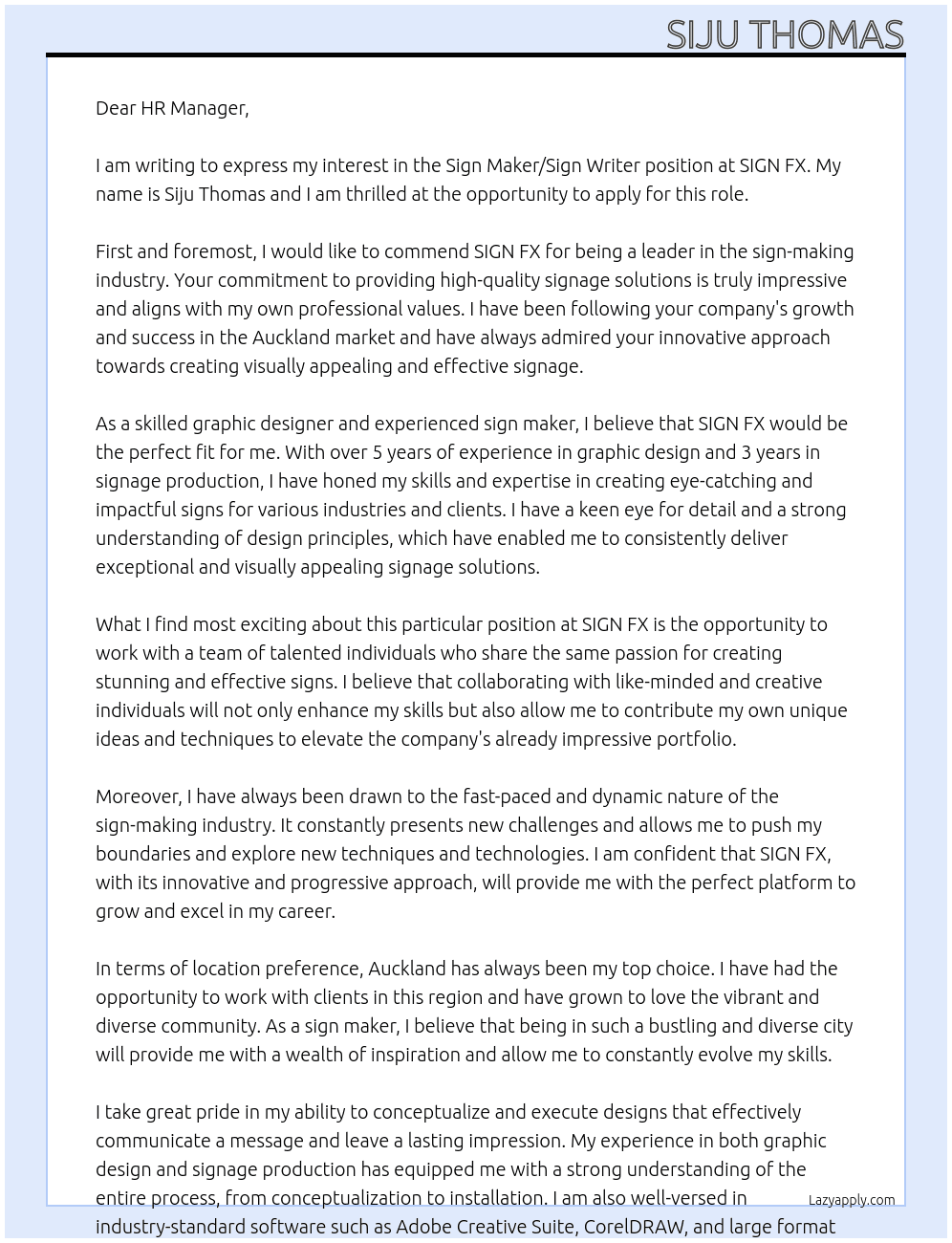 Sign Maker/Sign Writer At SIGN FX Cover Letter
