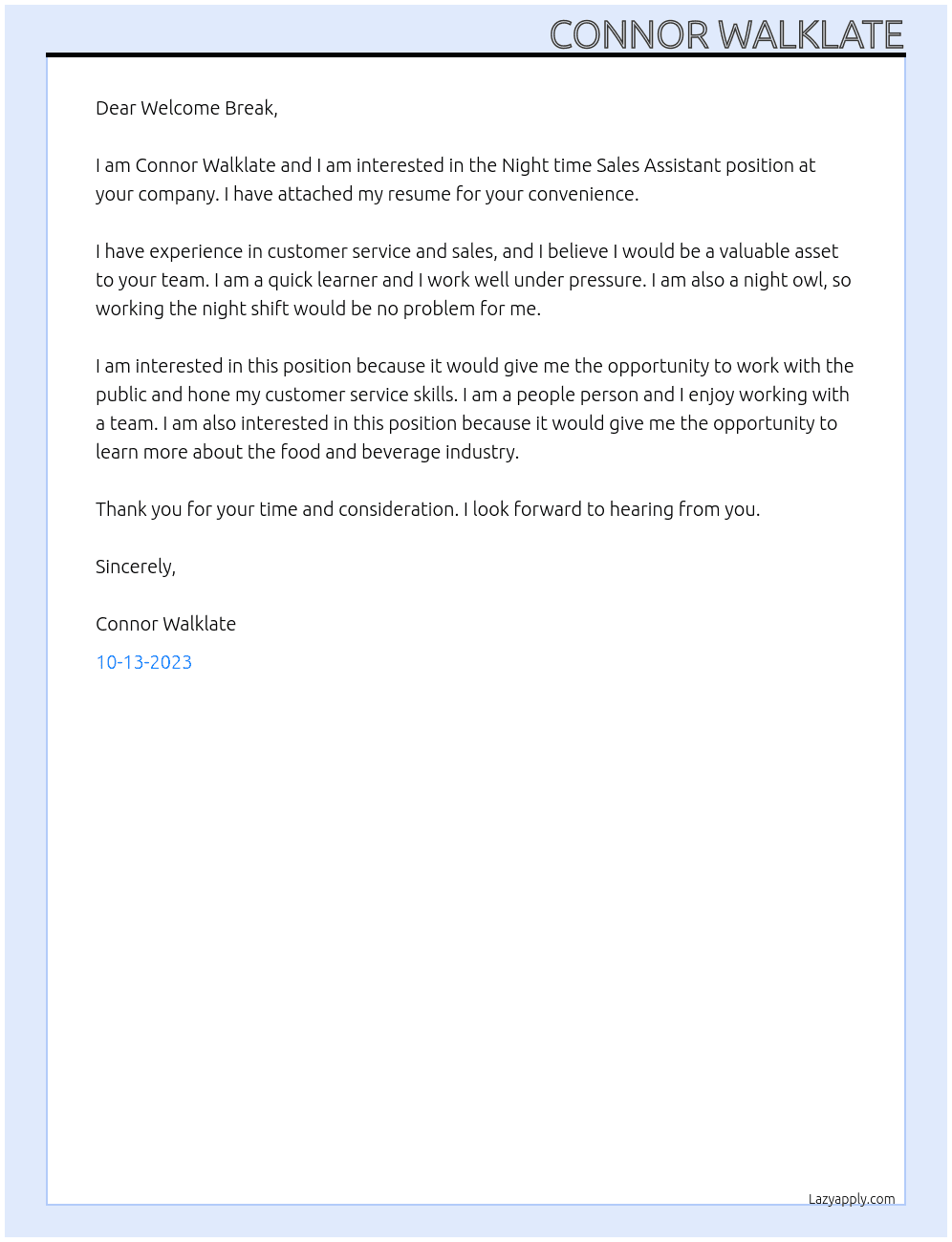 Night time Sales Assistant At Welcome Break Cover Letter
