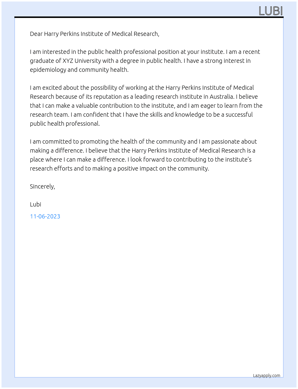 Public health professional  At Harry Perkins Institute of Medical Research Cover Letter