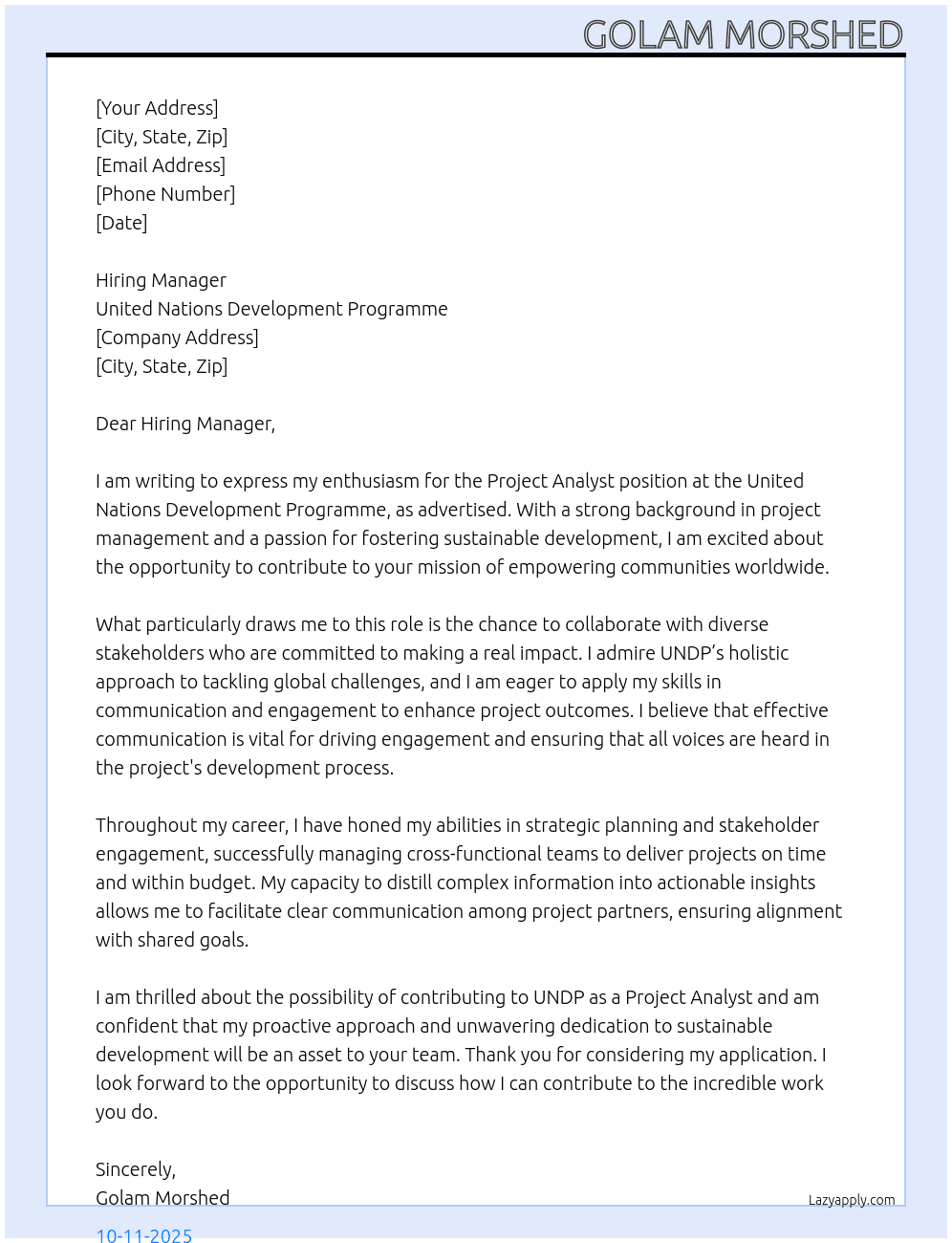 Project analyst  At United Nations Development Programme Cover Letter
