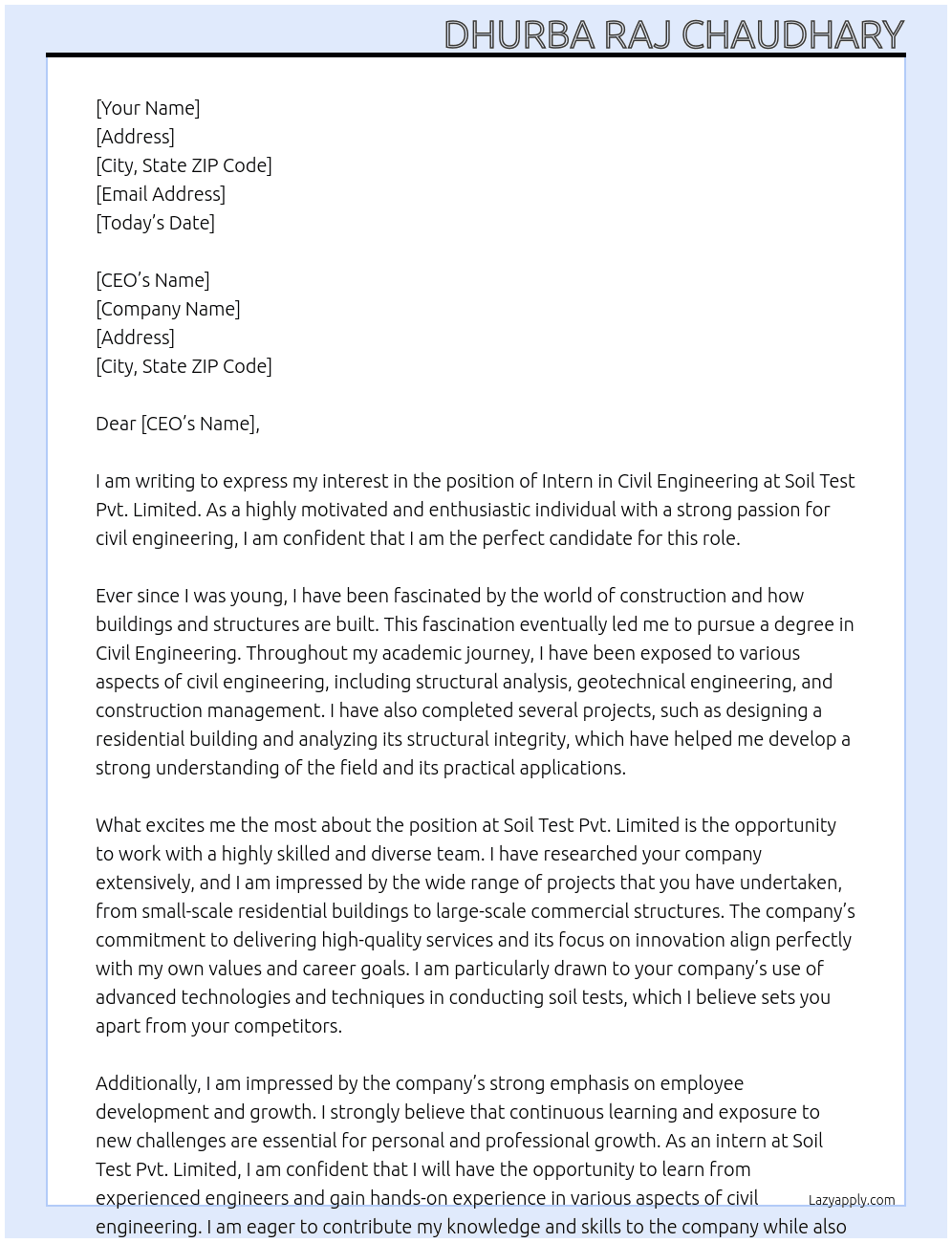 Intern in civil engineering At Soil test pvt. limited Cover Letter