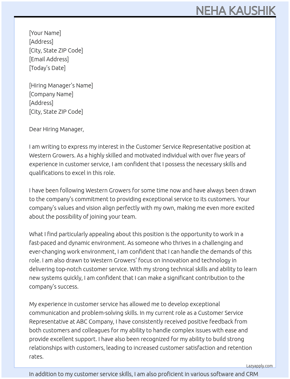 Customer Service Representative At Western Growers Cover Letter
