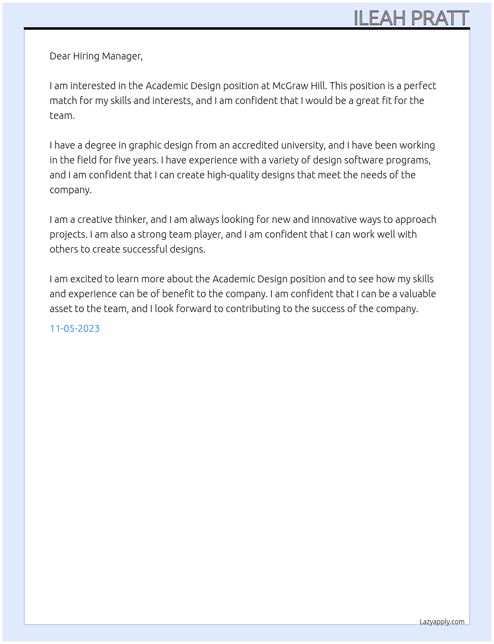 Academic Design At McGraw Hill Cover Letter
