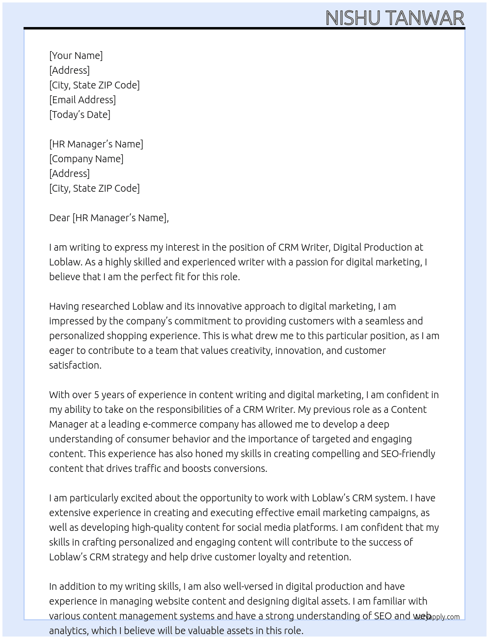 CRM Writer, Digital Production At Loblaw Cover Letter