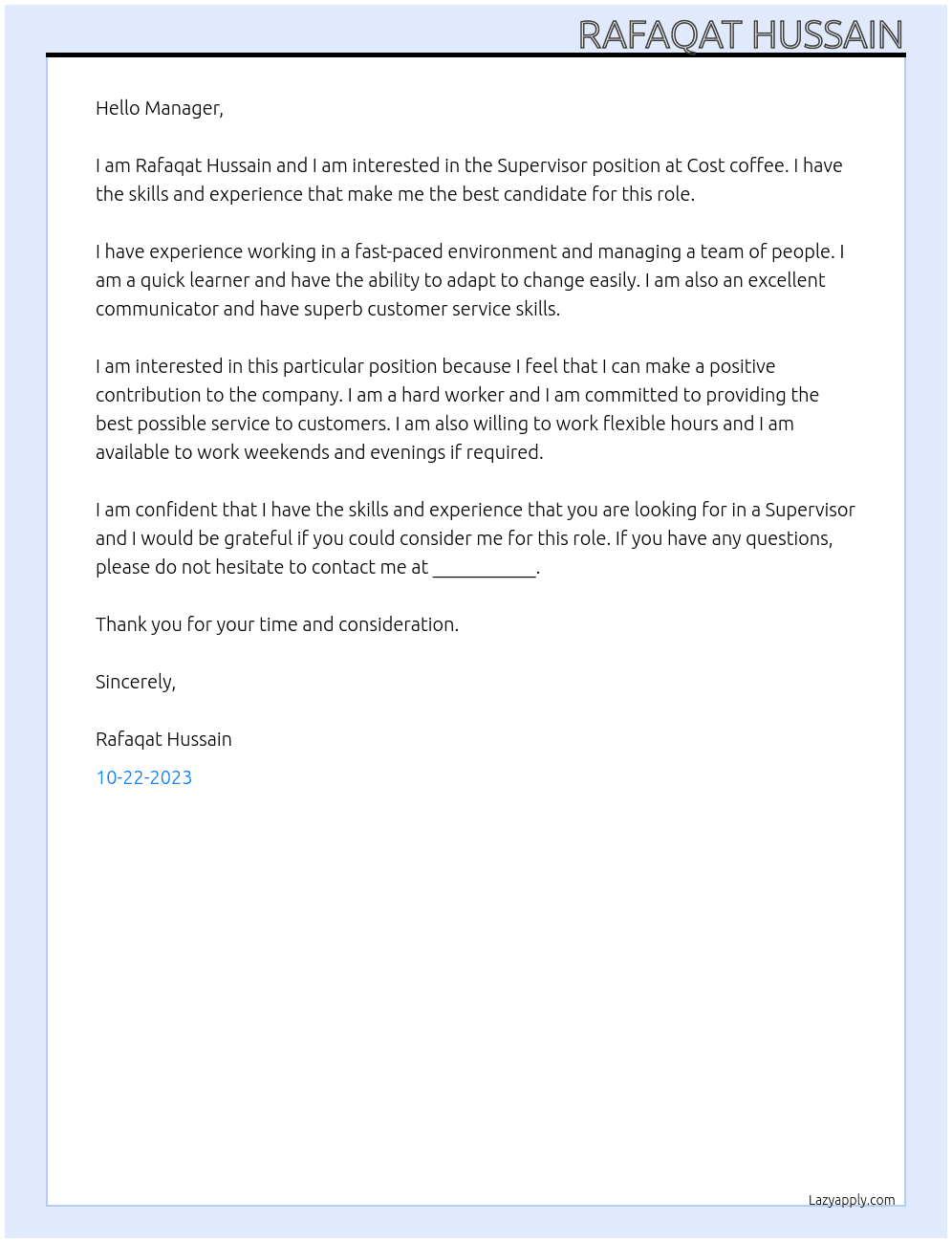 Supervisor  At Cost coffee  Cover Letter