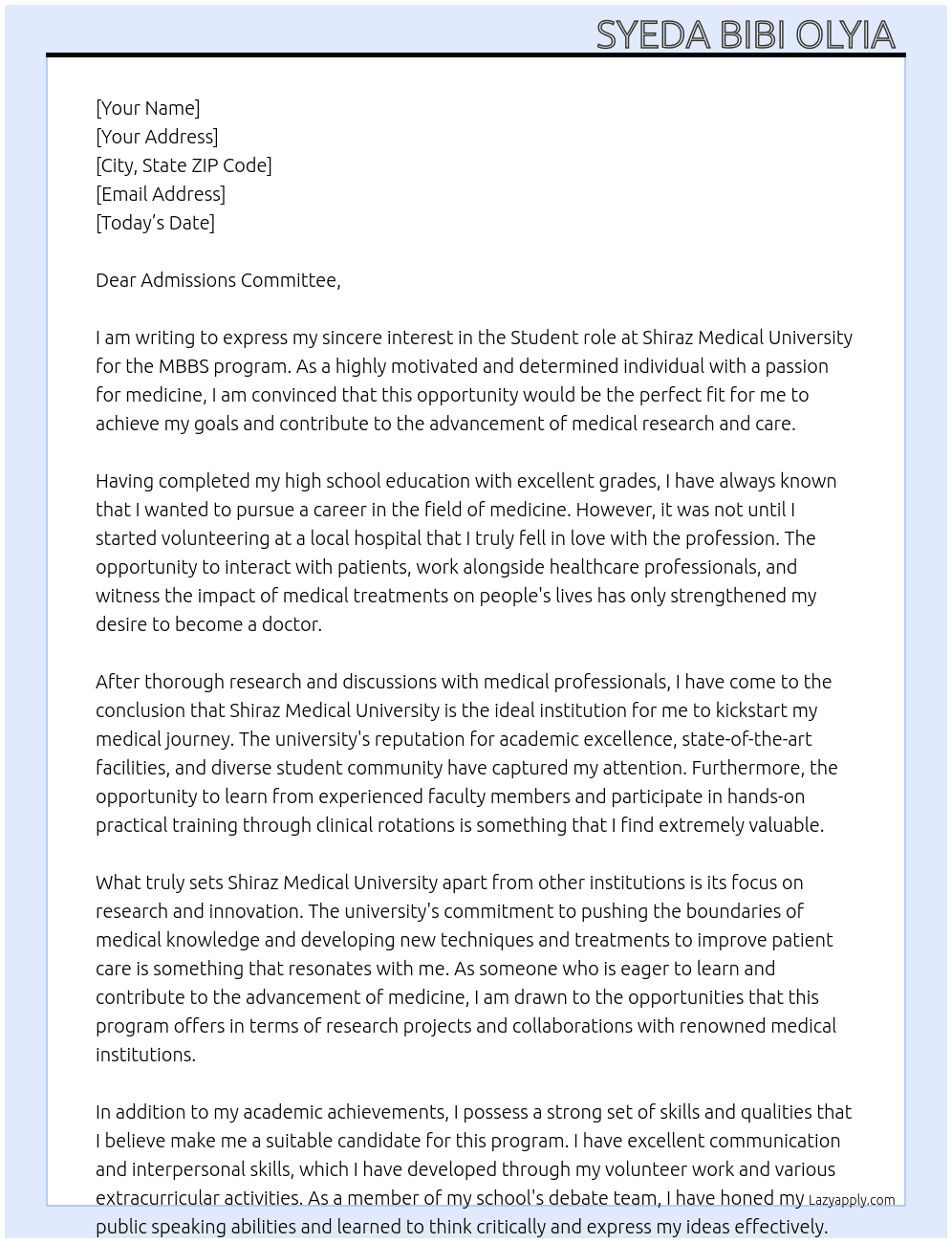 Mbbs At Shiraz medical university  Cover Letter