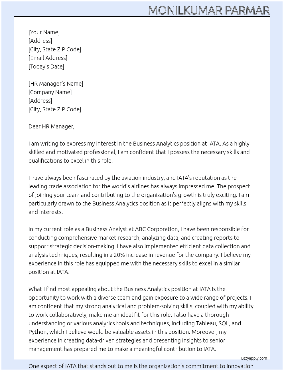 Bussiness Analytic  At IATA Cover Letter