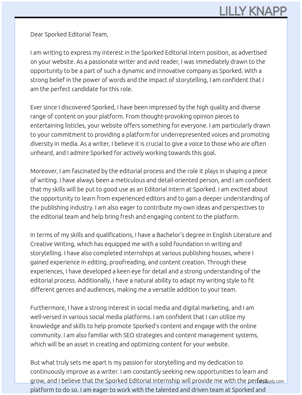 Sporked Editorial Intern At Sporked  Cover Letter