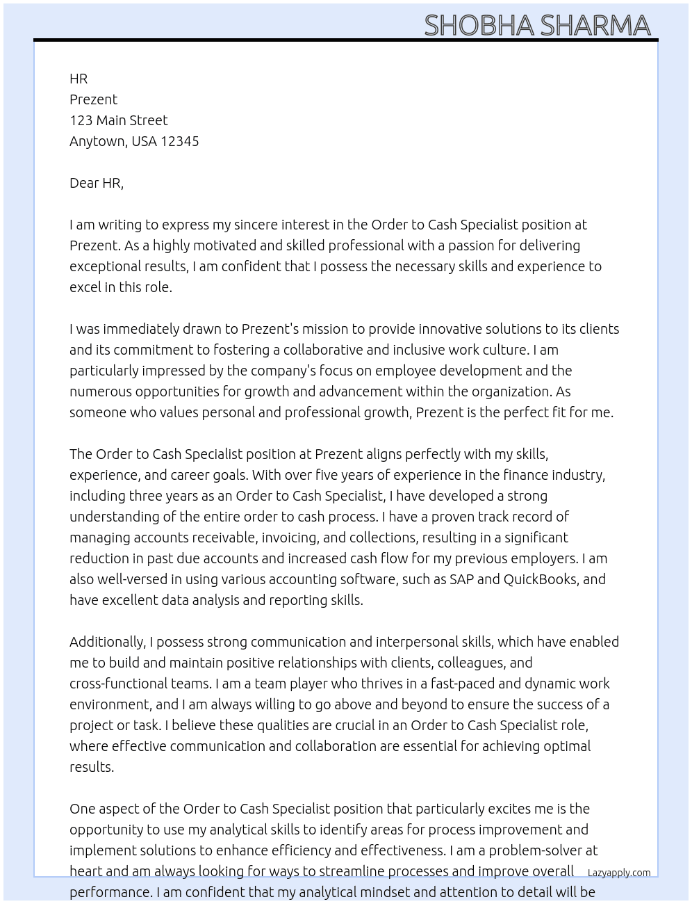 Order to cash specialist  At Prezent  Cover Letter