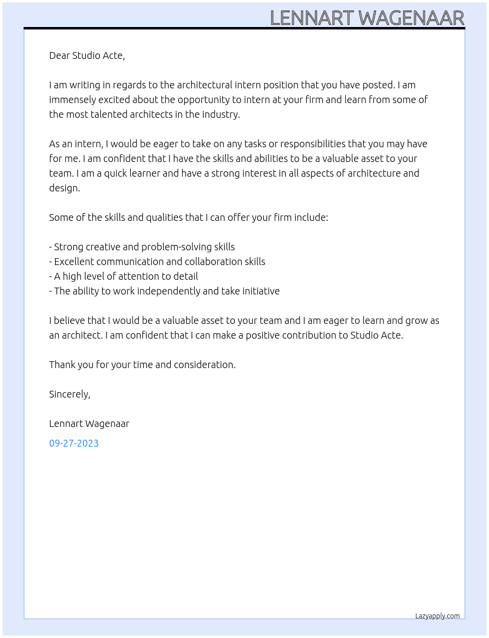 Architectural intern At Studio Acte Cover Letter