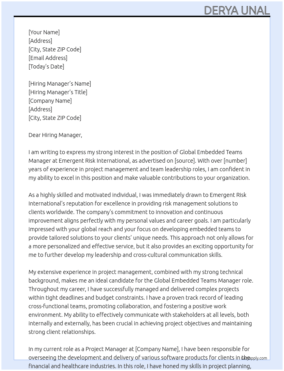 Global Embedded Teams Manager At Emergent Risk International Cover Letter