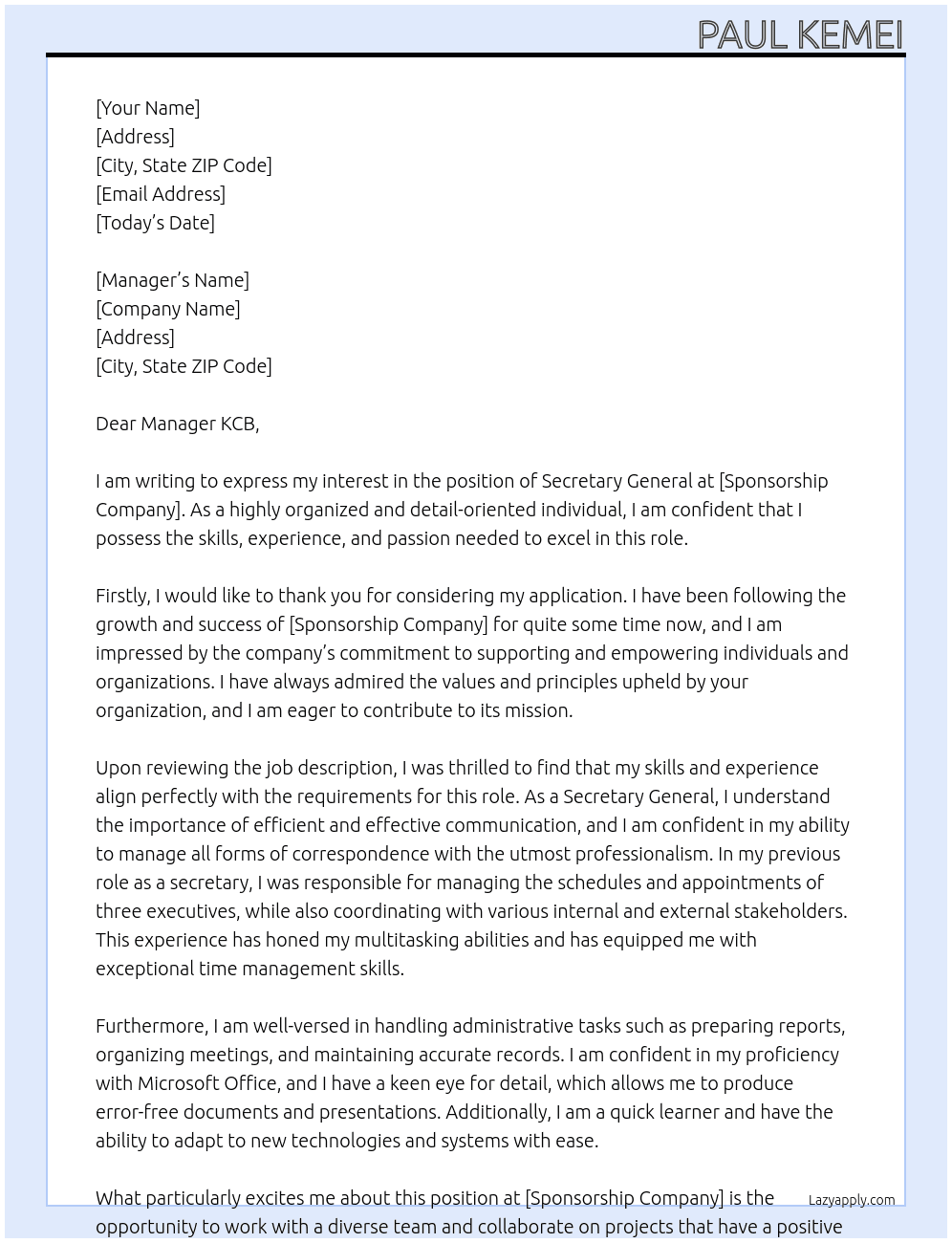 Secretary General At sponsership Cover Letter