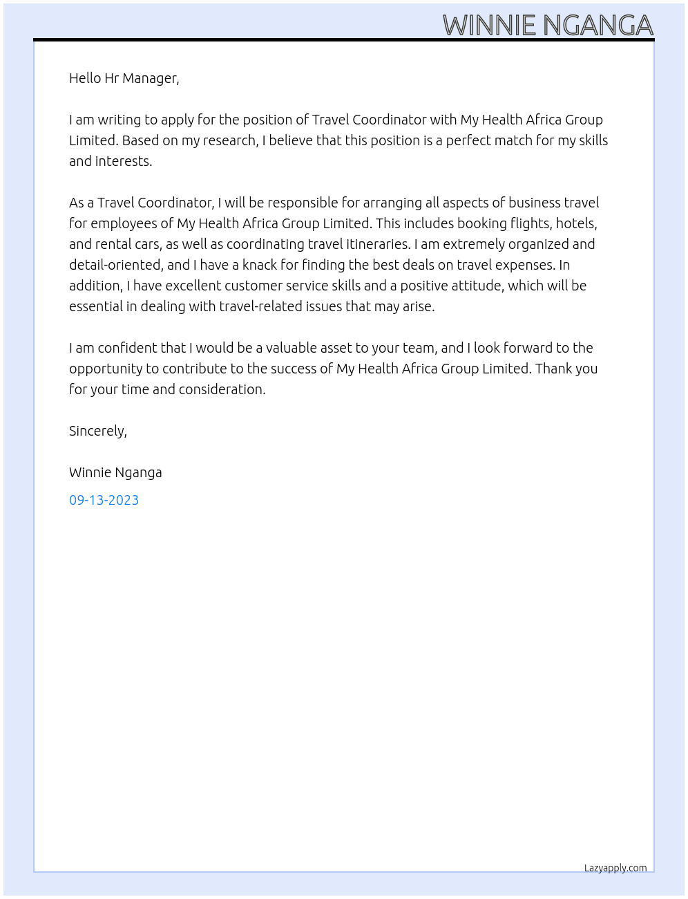 Travel Coordinator At My Health Africa Group Limited Cover Letter