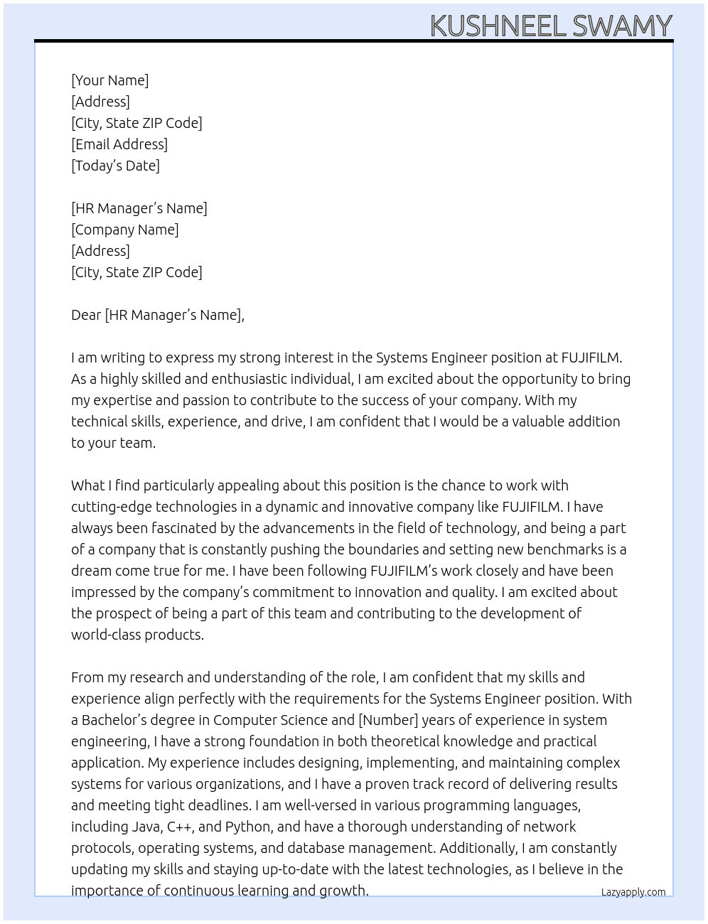 Systems Engineer At FUJIFILM Cover Letter