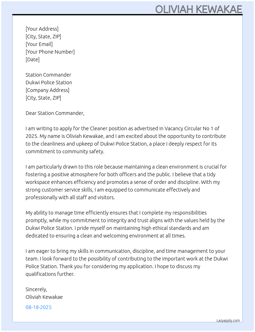 Cleaner, Vacancy Circular No 1 of 2025 At Dukwi Police Station Cover Letter