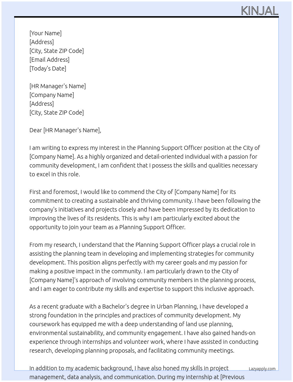 planning support officer At city of  Cover Letter