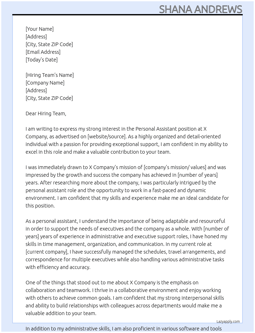 personal assistant At X company Cover Letter