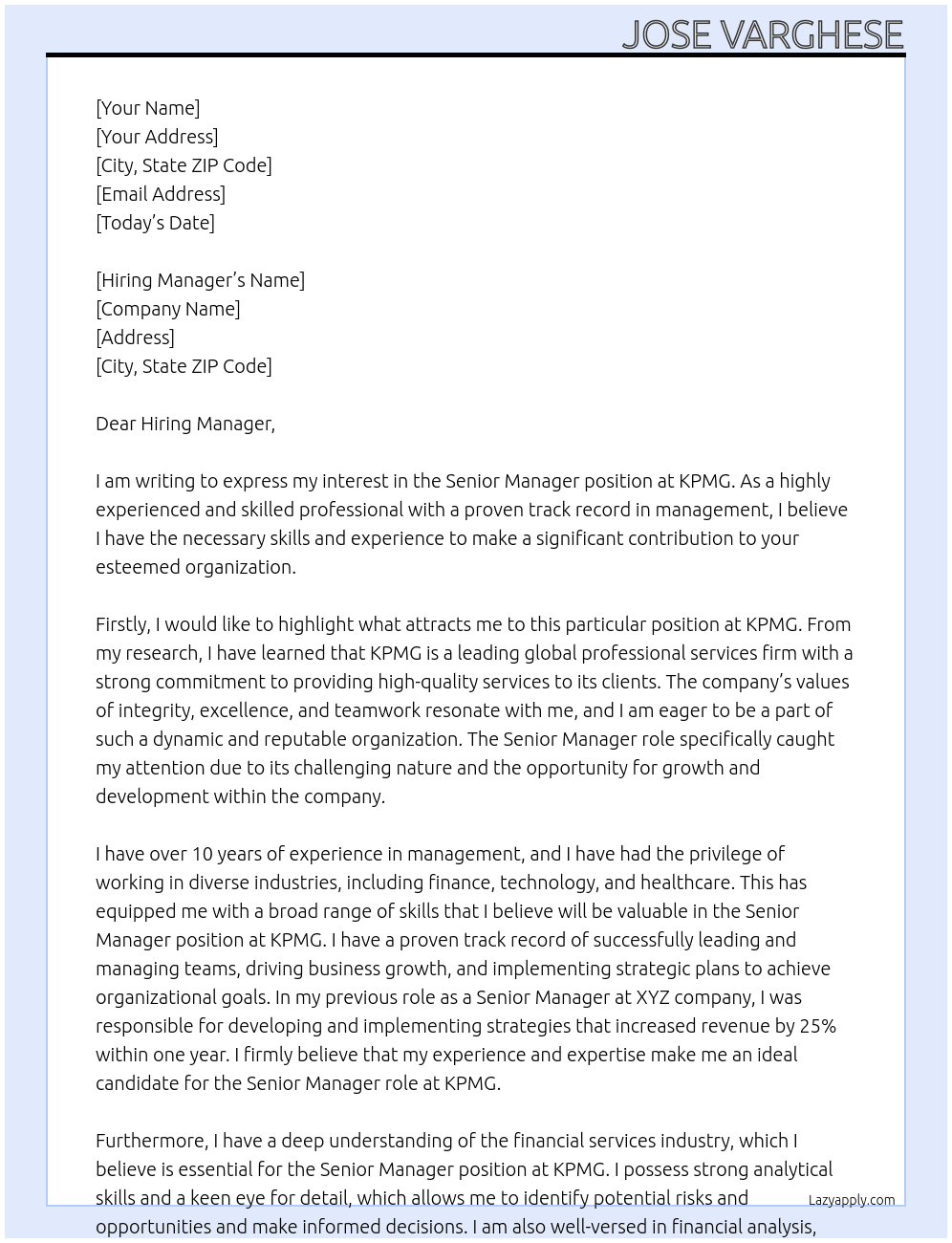 Senior Manager At KPMG Cover Letter