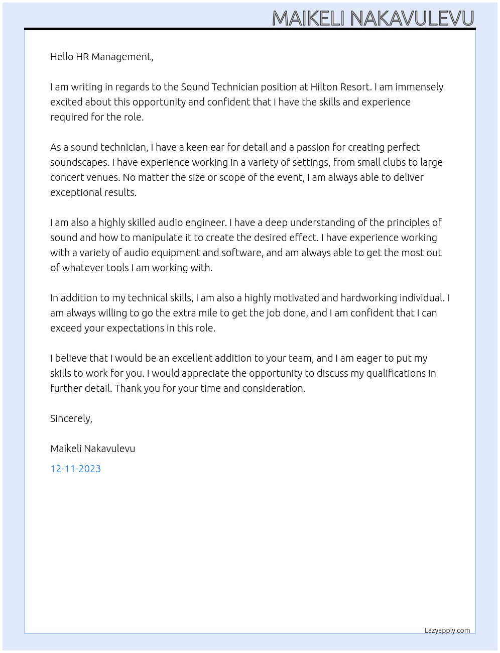 Sound Technician  At Hilton Resort Cover Letter