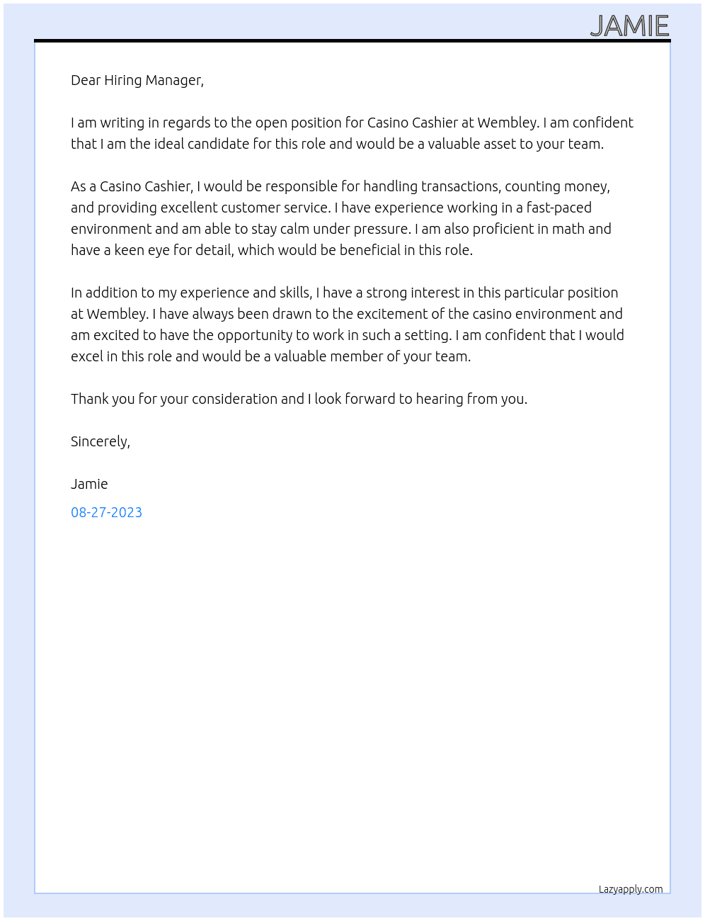 Casino Cashier At Wembley Cover Letter