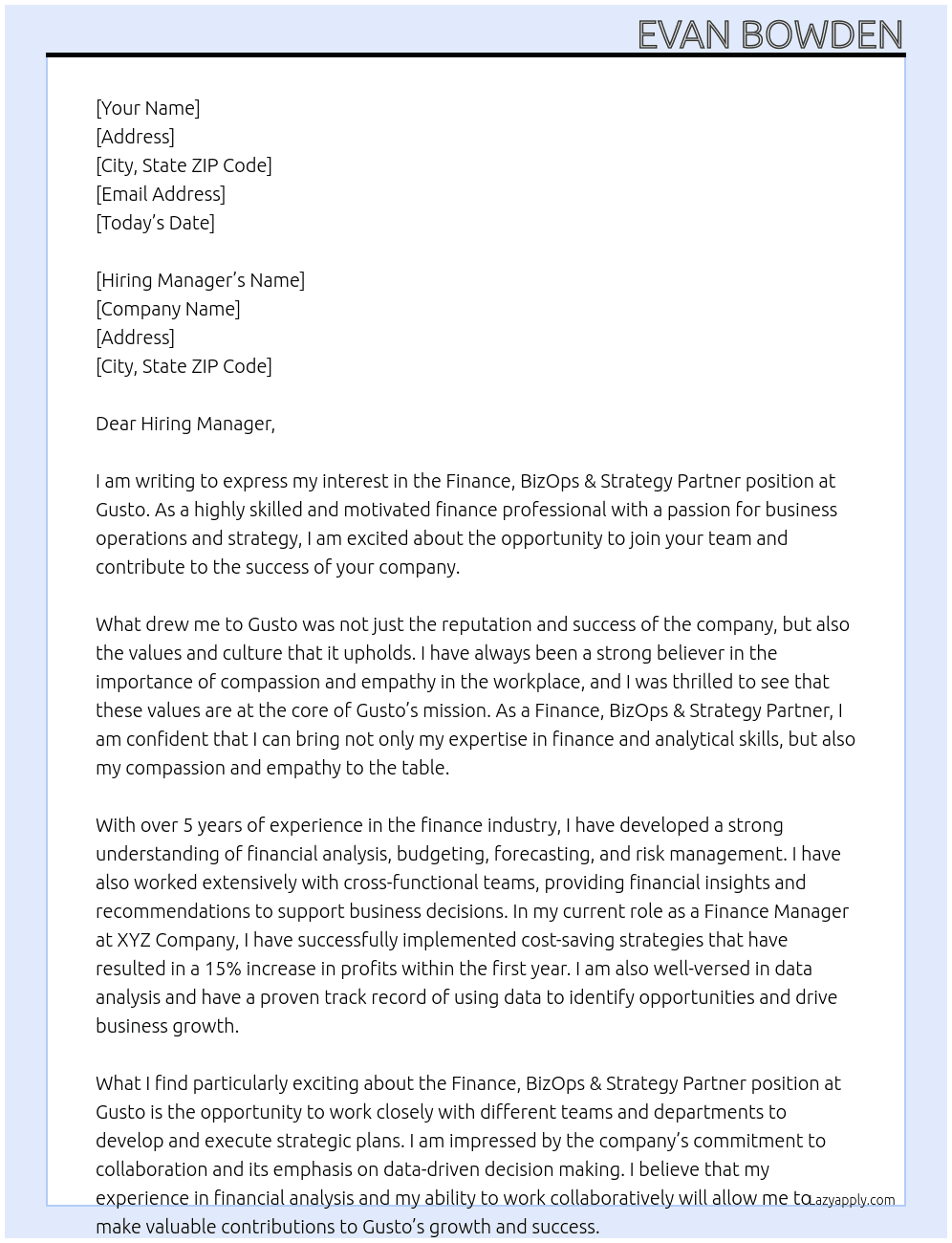 Finance, BizOps & Strategy Partner At Gusto Cover Letter