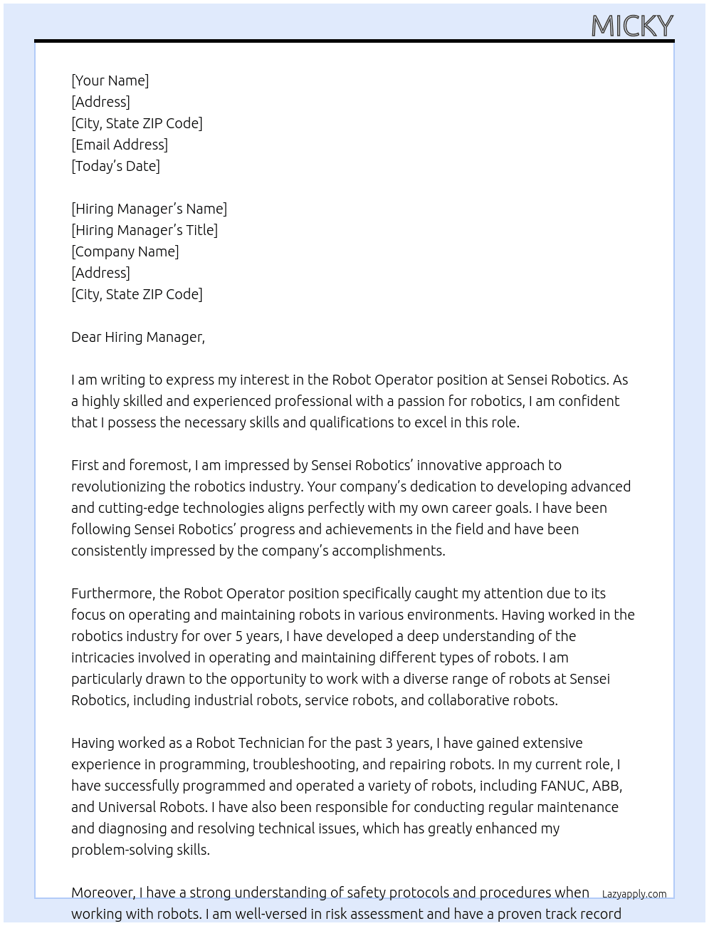 Robot Operator At Sensei Robotics Cover Letter
