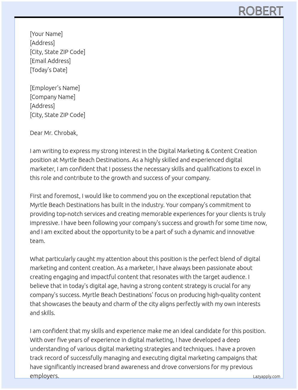 Digital Marketing & Content Creation At Myrtle Beach Destinations Cover Letter