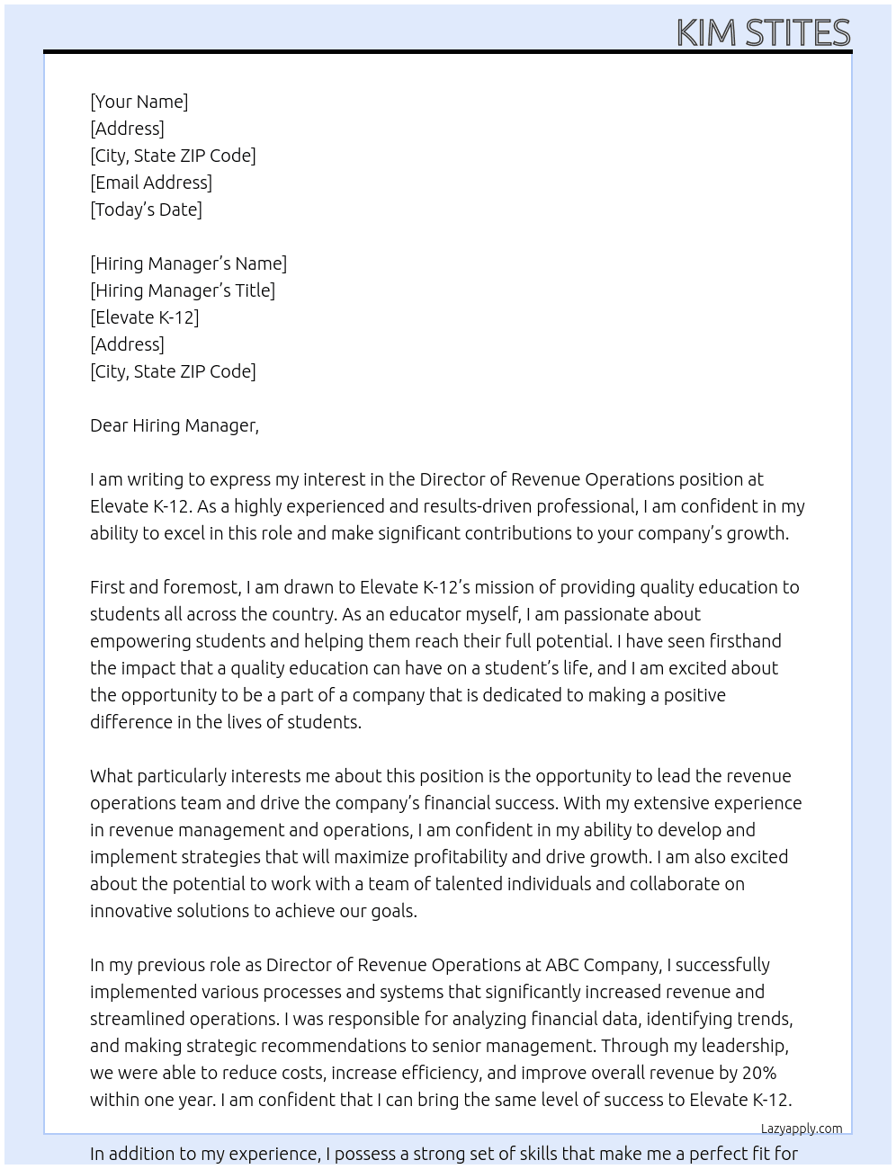 Director of Revenue Operations  At Elevate K-12 Cover Letter