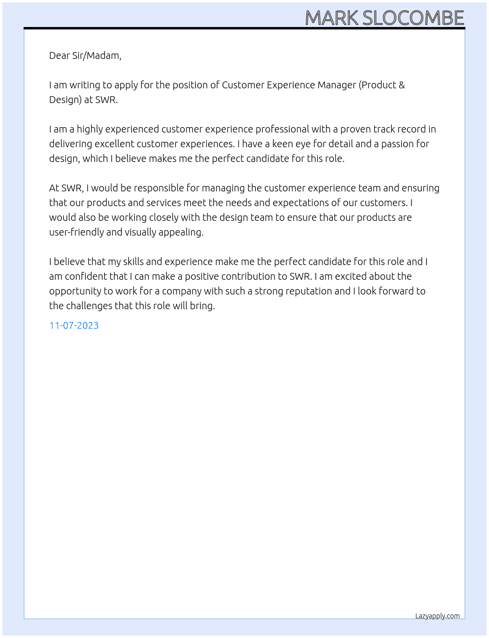 Customer Experience Manager (Product & Design) At SWR Cover Letter