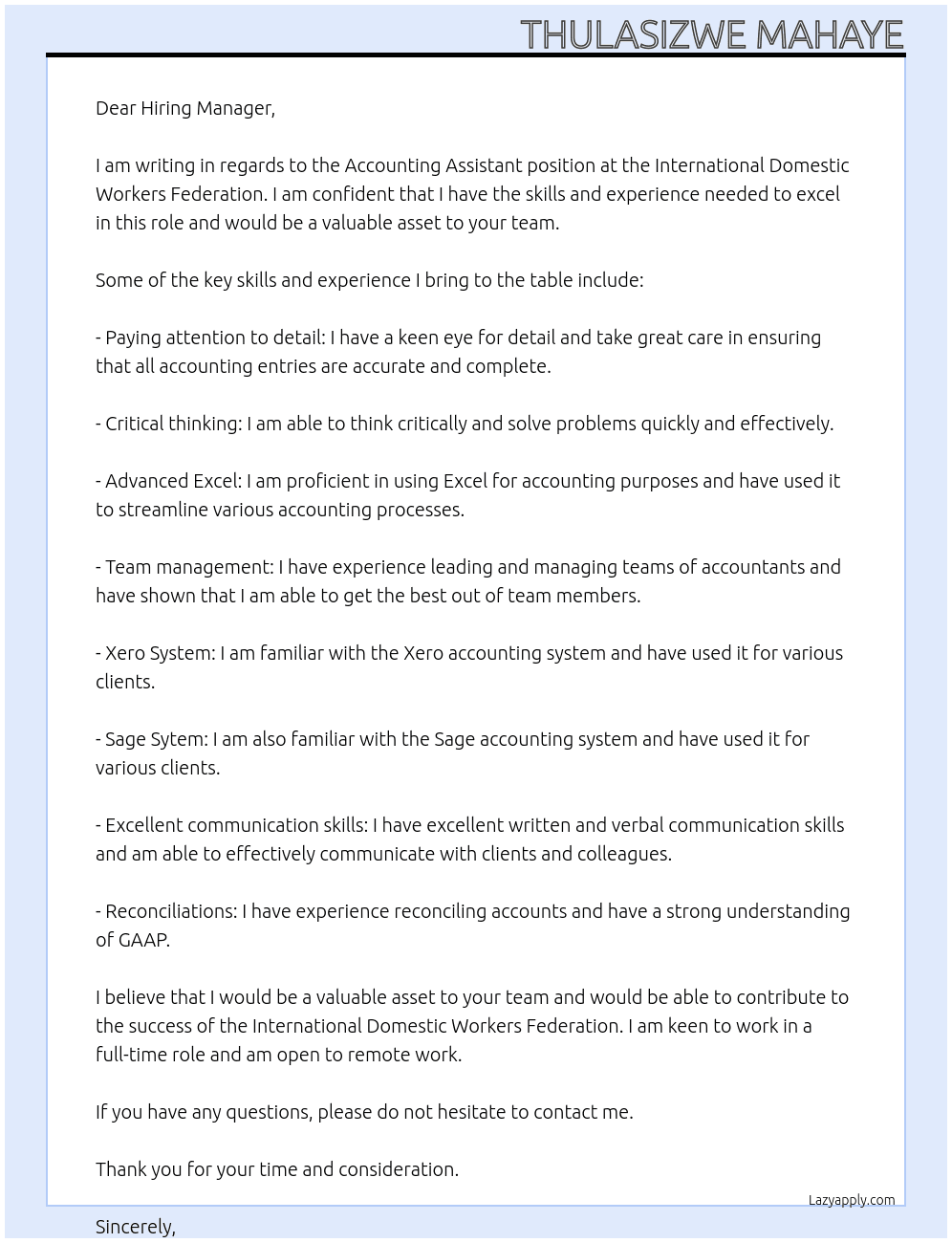 Accounting Assistant At International Domestic Workers Federation Cover Letter