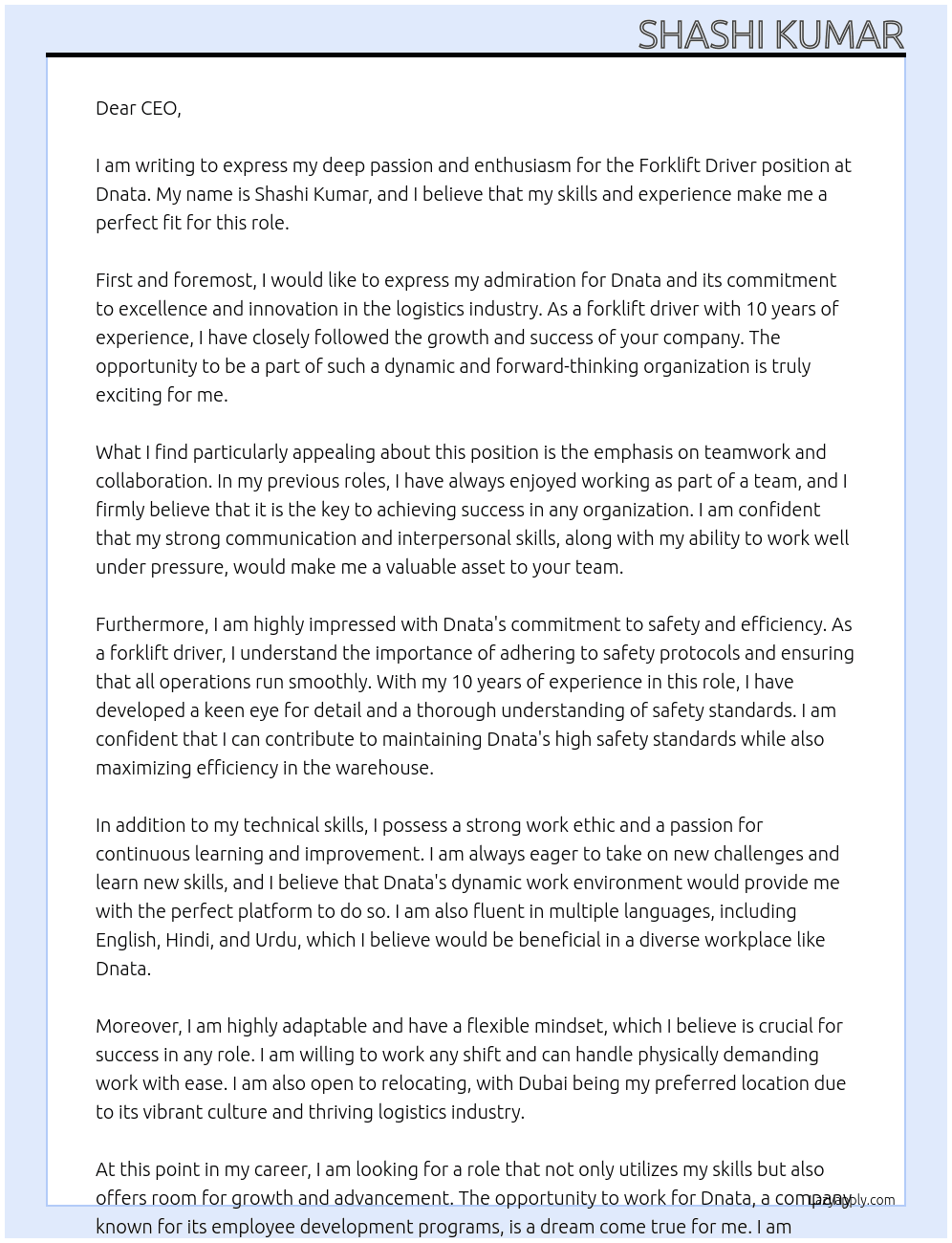 Forklift Driver At Dnata Cover Letter