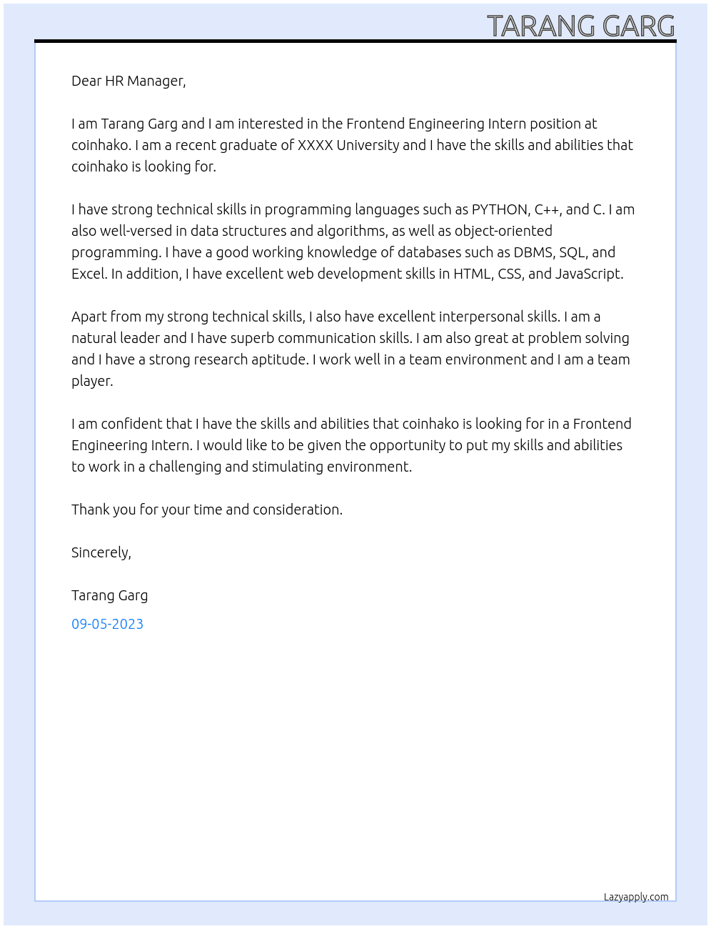Frontend Engineering Intern At coinhako Cover Letter