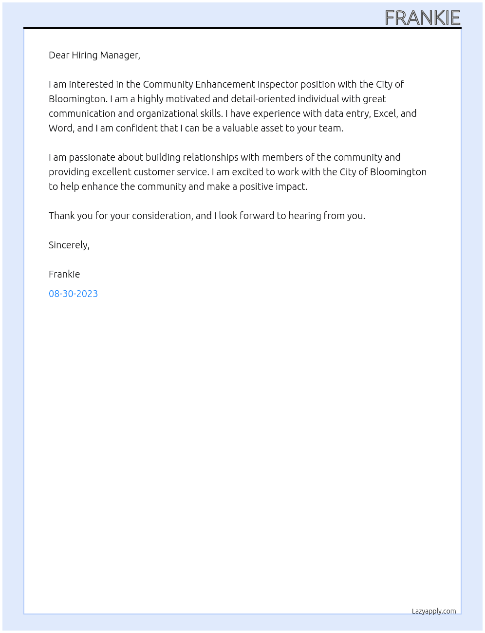 Community Enhancement Inspector At City of Bloomington Cover Letter