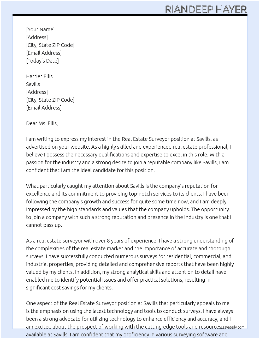 real estate surveyor  At Savills Cover Letter