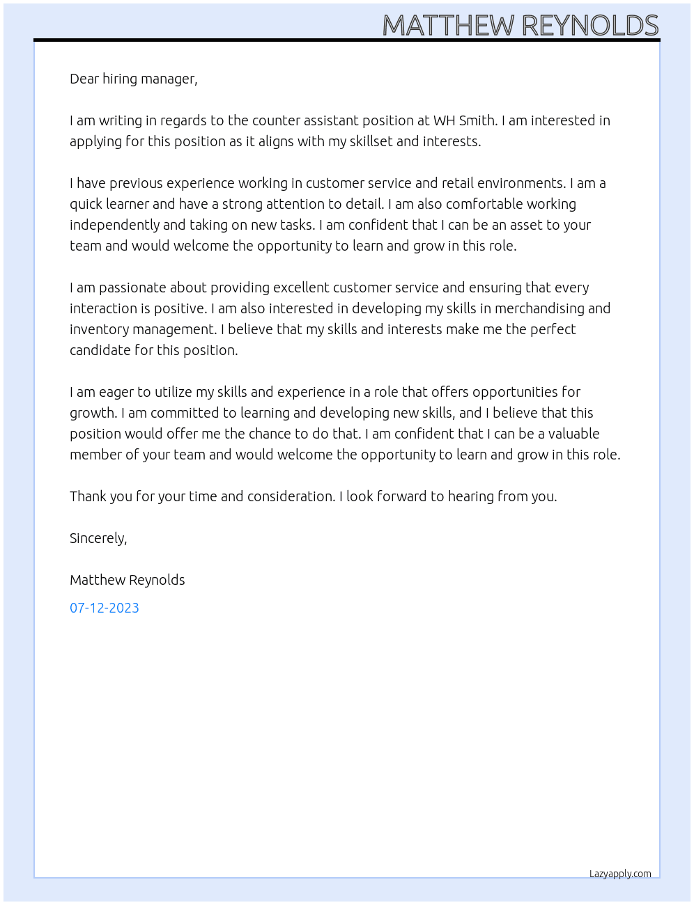 Counter Assistant At WH Smith Cover Letter