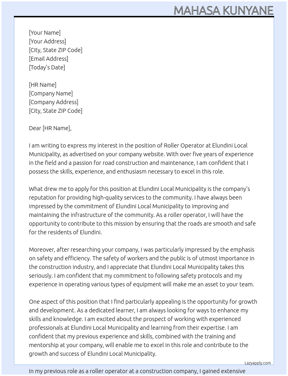 Cover letter for roller operator - LazyApply