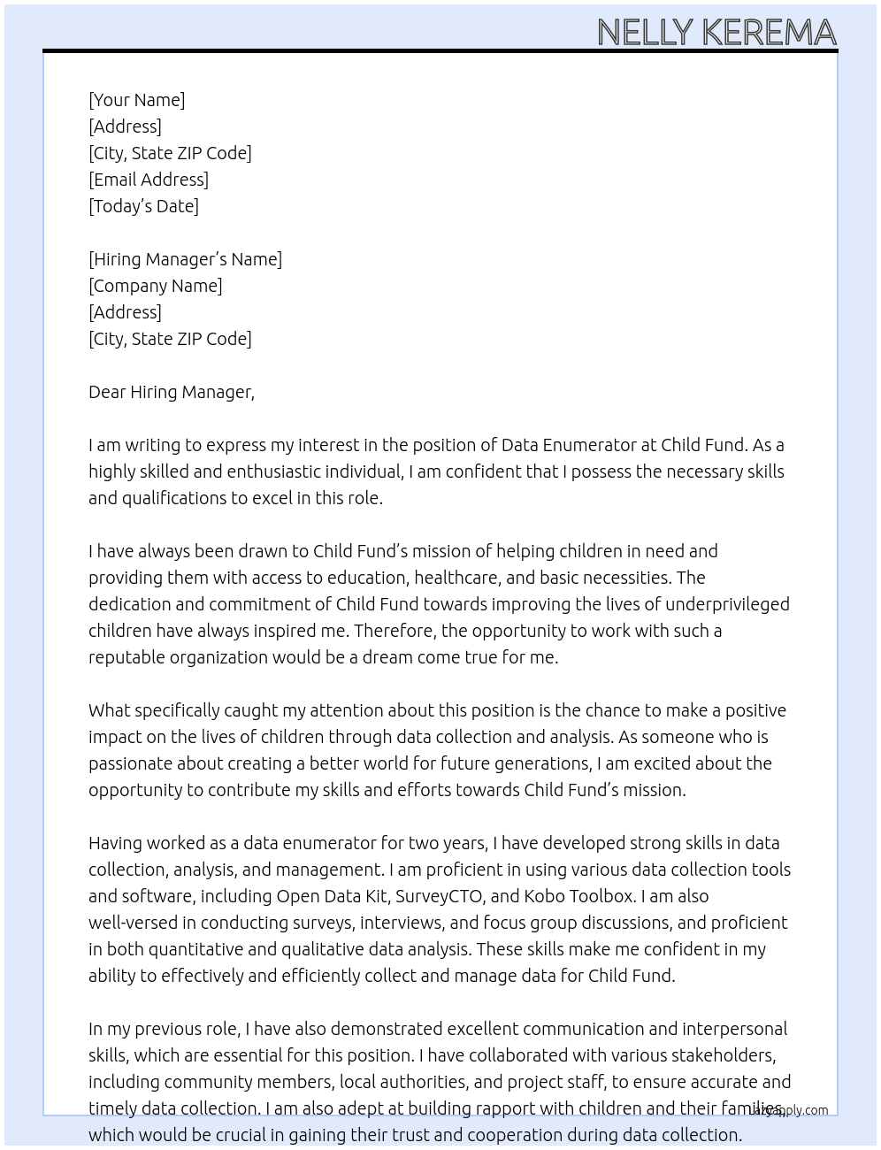 data enumerator At Child fund Cover Letter