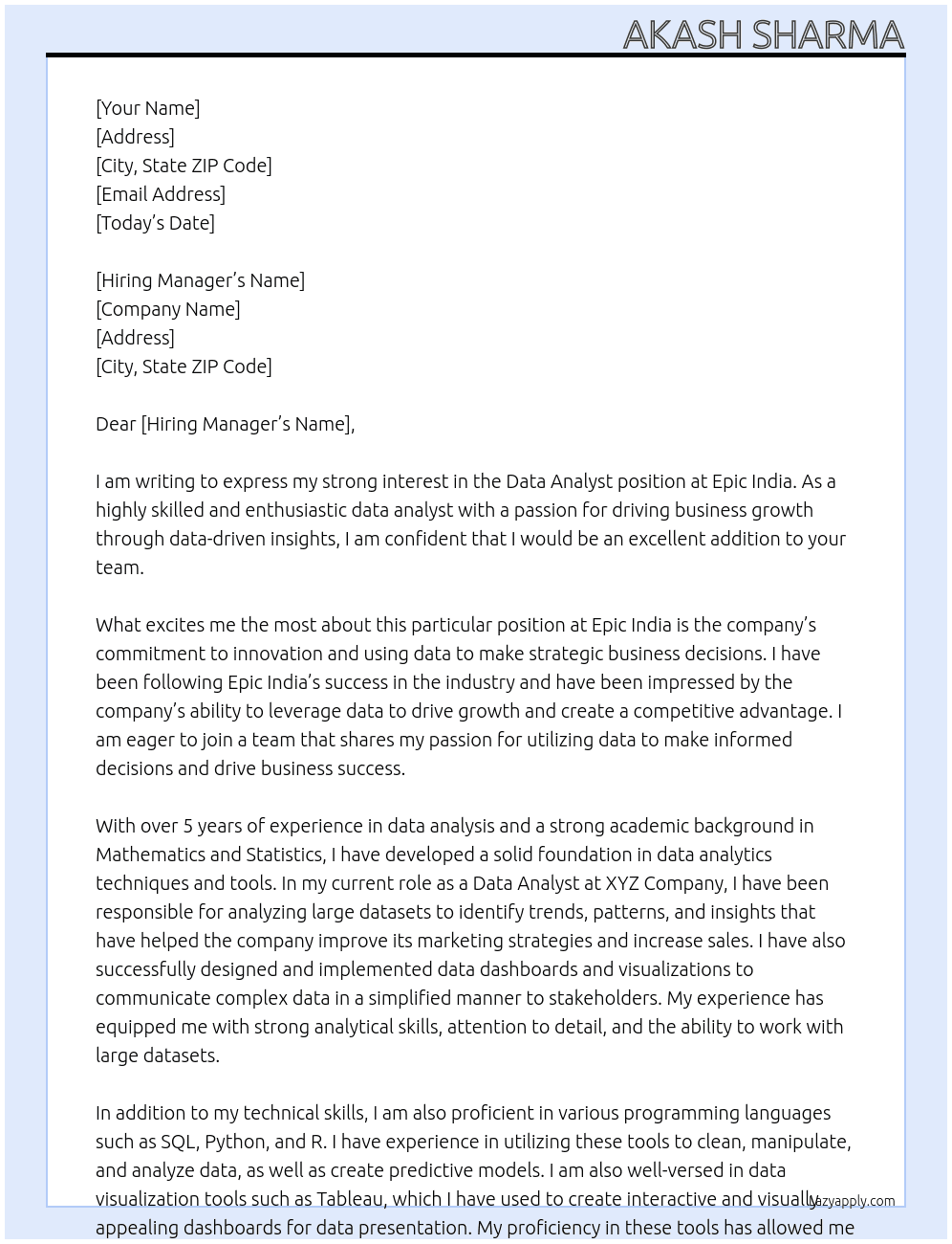 Data analyst At Epic India Cover Letter