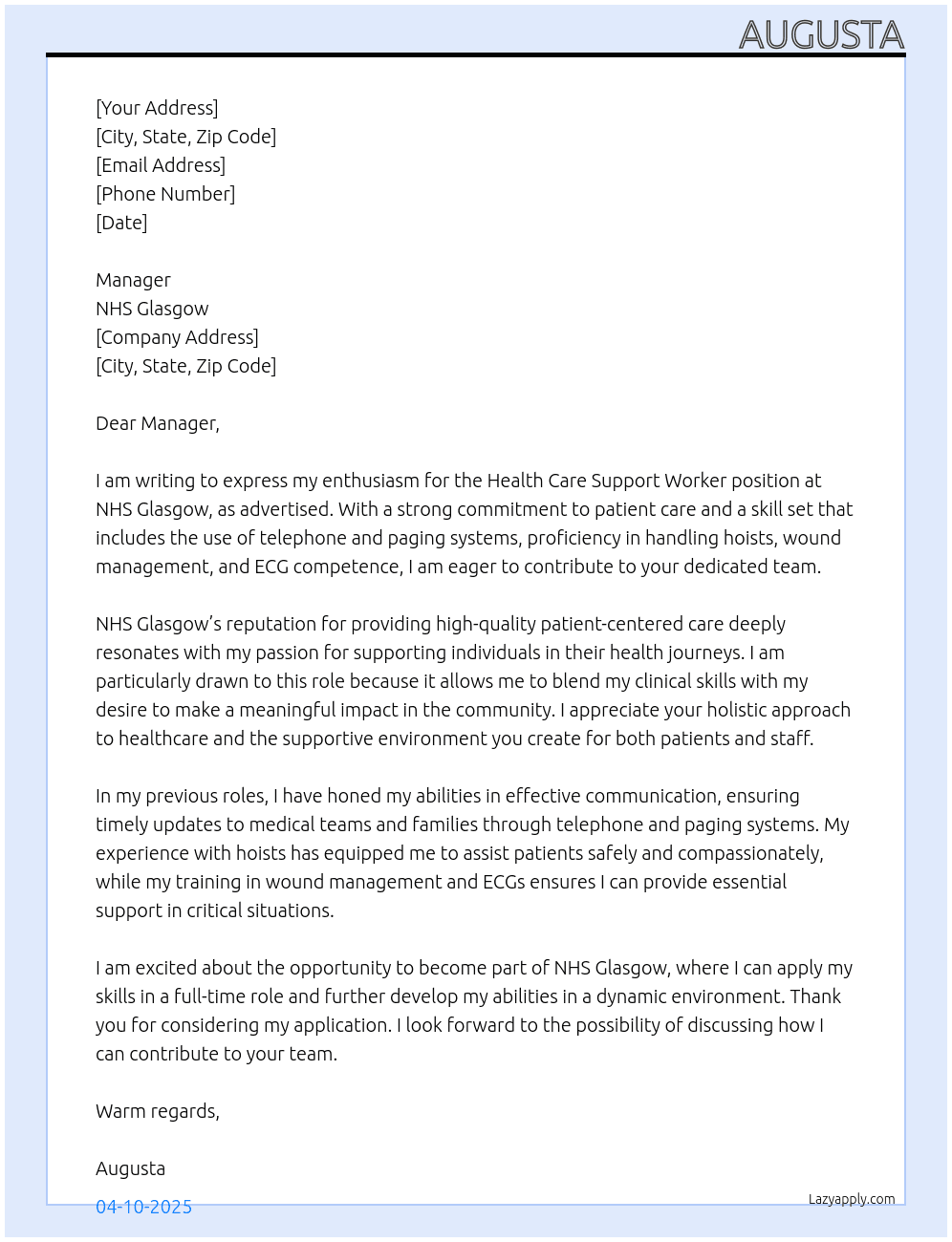 Health care support worker  At NHS Glasgow  Cover Letter