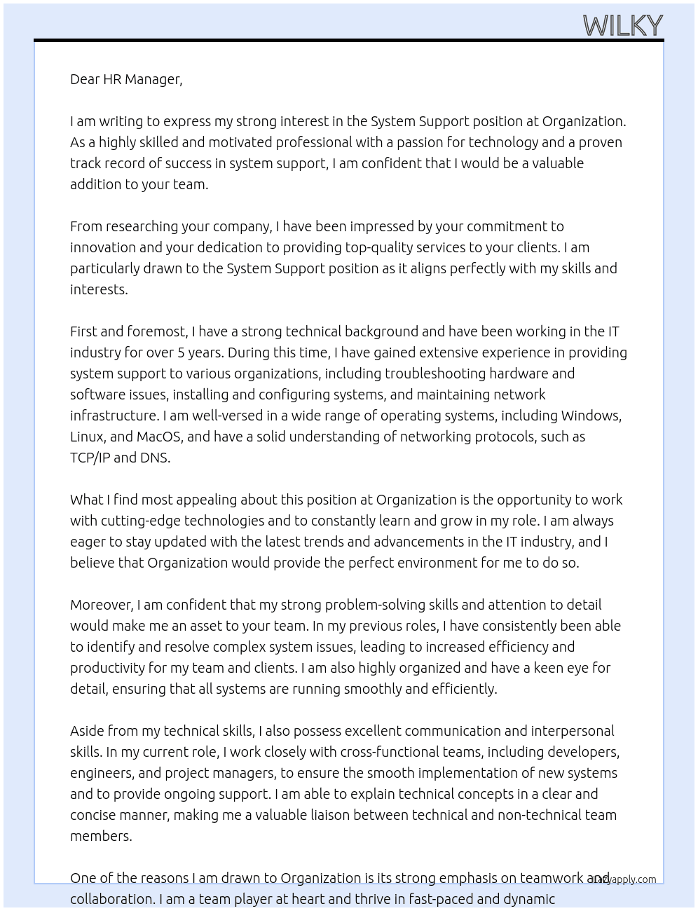 System Support At Organization Cover Letter