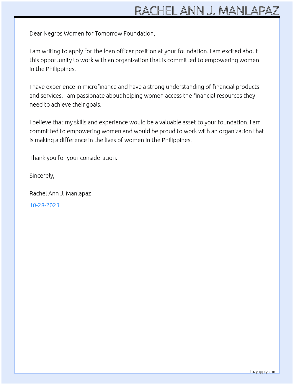 Loan officer At Negros Women for Tomorrow Foundation  Cover Letter