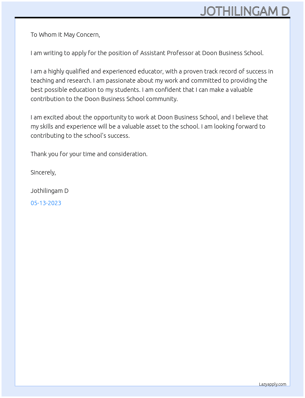 Assistant Professor At Doon Business School Cover Letter