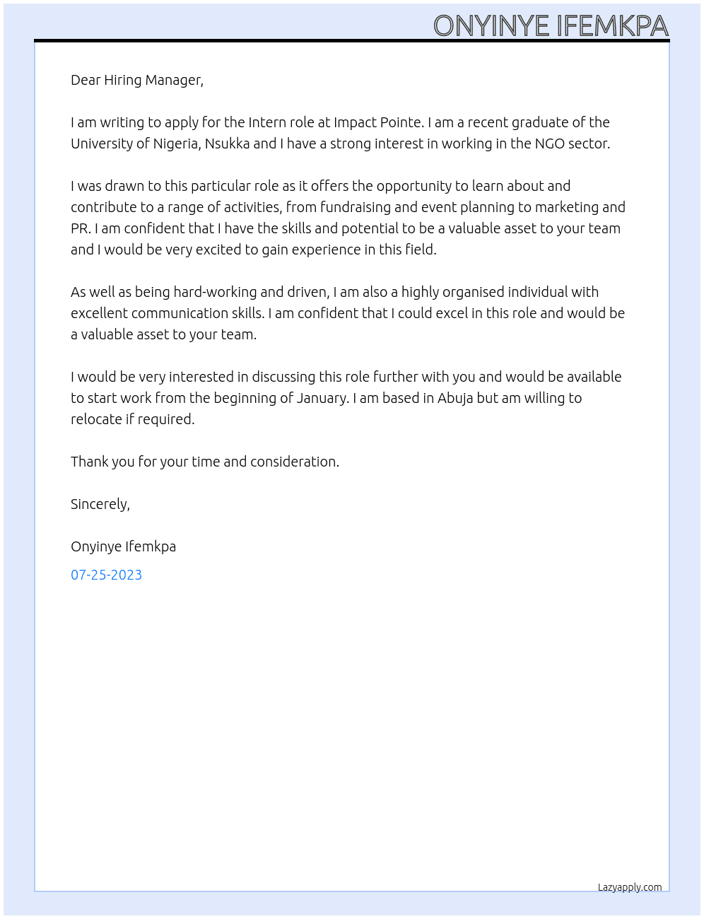 Intern At Impact Pointe Cover Letter