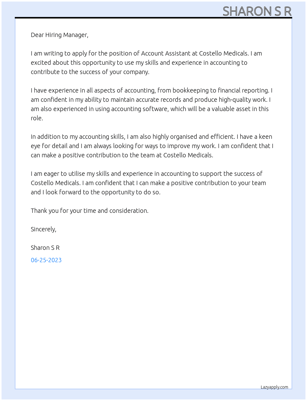 Account Assistant  At Costello Medicals Cover Letter
